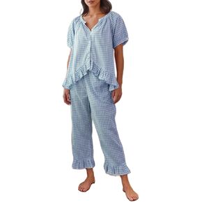 Argeousgor Women Plaid 2 Piece Pajama Set Tie Front Puff Sleeve Babydoll Shirt Gingham Pants Pj Lounge Set Sleepwear