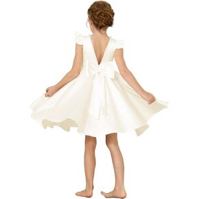Summer V Back Ivory Flower Girls Mini Dresses Little Girls 2~14 Years Round Neck Formal Party Dance Satin Pageant Dresse Girls Birthday Princess Short Dress with Big Bow Ivory Size 6