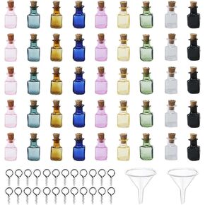 45 Pcs 2 ml Mini Colored Glass Square Potion Bottles Mini Potion Bottles with Cork Tiny Spell Jars with Corks Stoppers & Funnel & Eye Bolts for DIY Decoration，9 Colors