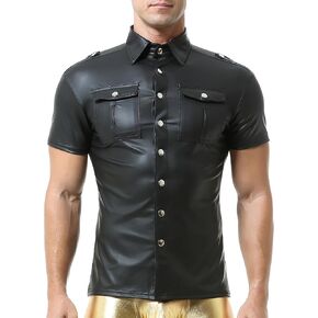QiaTi Men's Faux Leather Polo Shirts Men Short Slevees Tops with Zipper Muscle Fit Collared Shirts for Casual Workout Shirts