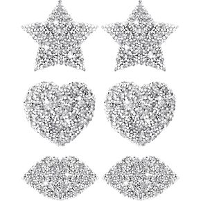 Hercicy 3 Pairs Rhinestone Pasties Sticky Bra Reusable Pasty Breast Covers Waterproof Stickers for Women(Silver, Novelty Style)