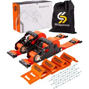 Strapinno E-Track Retractable Ratchet Straps with Wheel Chock Kit,1986lbs Breaking Strength - 2in x 12ft Heavy Duty Ratchet Strap for Trailer Tie Down System to Secure ATV, UTV & Lawn Mower (2 PCs)