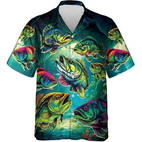 Bass Fishing Hawaiian Shirt for Men - Freshwater Gamefish Casual Button Down Unisex Luau Shirt for Men Women Series 55