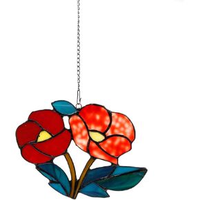 Tiffany Rose Flowers Style with Chain Stained Glass Window Hangings 7" W x 5.2" H Inches Decor for Home,Office,Coffee Shop