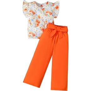 Girls 2 Piece Outfits Flower Print Ruffle Sleeve Tank Top and Wild Leg Pants Spring Summer Clothes Set 2-8 Years