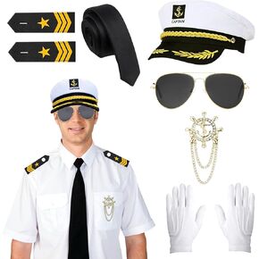 8 Pcs Yacht Captain Costume Set for Men, Sailor Hat Accessories Captain Dress Up with Shirt Captain Prop for Party
