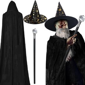 Hicarer 4 Pcs Halloween Wizard Costume Set Include Wizard Hat Cloak Wig Beard Wand Wizard Costume Accessories for Adults