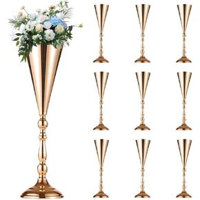 10 Pcs Flower Trumpet Vases Table Decorative Centerpiece Gold Tall Flower Vases, 16.5 Inch Metal Wedding Vases Arrangement Flower Stand for Ceremony Party Birthday, Weddings, Home Decoration
