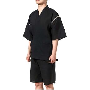 Men's Kimono Japanese Shirt and Shorts Suit, Cotton Linen Loungewear Lounge Set Spa Bathrobe, Black