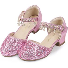 Hehainom Girls Sandals Sequins Princess Dress Shoes Closed Toe Low Heels for Toddler Little Big Kid Flower Wedding Party Pump Shoes