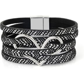 Leather Boho Bracelets for Women Wrap Bracelet Handmade Cuff Hollow Heart Aesthetic Multilayer Stackable Friendship Wristband for Gifts