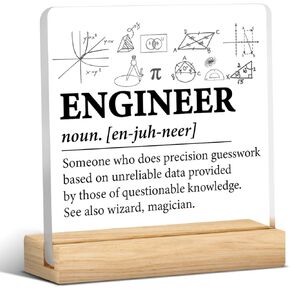 Engineer Gift, Gift for Engineer Men, Engineer Clear Desk Decorative Sign Engineer Definition Acrylic Plaque with Wooden Stand 4x4 Inch Sign Home Office Desk Decor