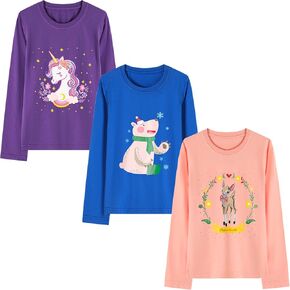 HILEELANG Girl Long Sleeve Shirts Cotton Casual Graphic Fashion T-Shirts 3 Packs
