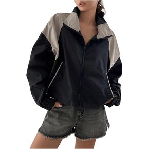 MakeMeChic Women's Color Block Jacket Long Sleeve Drop Shoulder Pocket Zip Up Coats