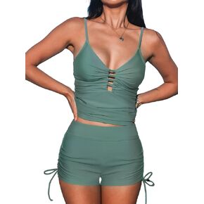 CUPSHE Women's Tankini Sets High Waisted Shorts Tummy Control Bathing Suit Ruched V Neck Cutout