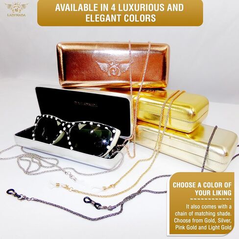 Metal Hard Case for Eyeglasses - Luxury Storage for Women, Men, Unisex & stylish eyeglass chain holder (PINK GOLD) in Saudi Arabia