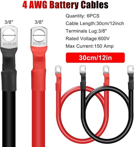 Linkstyle 6PCS 4 AWG Battery Cables, 30CM/12inch Marine Battery Inverter Cables Set, with 3/8" Tinned Copper Lugs, for Automotive Solar, ATV, RV in Saudi Arabia