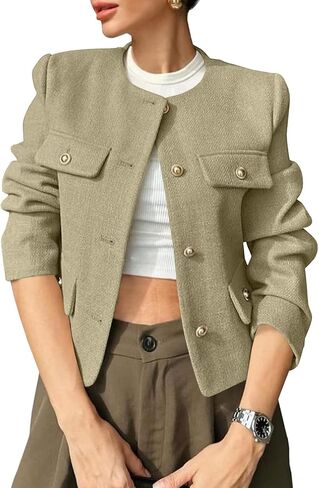 Cicy Bell Womens Cropped Tweed Blazer Jackets Collarless Button Down Business Casual Outfits with Pockets in Saudi Arabia
