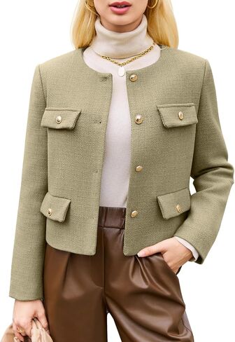 Cicy Bell Womens Cropped Tweed Blazer Jackets Collarless Button Down Business Casual Outfits with Pockets in Saudi Arabia