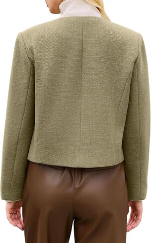Cicy Bell Womens Cropped Tweed Blazer Jackets Collarless Button Down Business Casual Outfits with Pockets in Saudi Arabia
