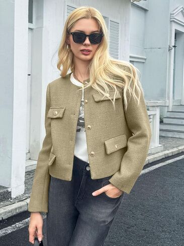 Cicy Bell Womens Cropped Tweed Blazer Jackets Collarless Button Down Business Casual Outfits with Pockets in Saudi Arabia