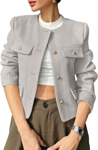 Cicy Bell Womens Cropped Tweed Blazer Jackets Collarless Button Down Business Casual Outfits with Pockets in Saudi Arabia