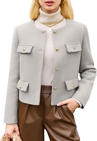 Cicy Bell Womens Cropped Tweed Blazer Jackets Collarless Button Down Business Casual Outfits with Pockets in Saudi Arabia