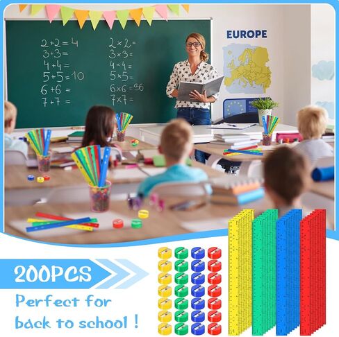 100 قطعة من المساطر البلاستيكية و100 قطعة من مبراة أقلام الرصاص اليدوية المستديرة الصغيرة، 4 مبراة أقلام رصاص بألوان متنوعة بحجم الجيب، مسطرة مستقيمة ملونة لمستلزمات المدرسة للأطفال (طازجة، 12 بوصة) in Kuwait