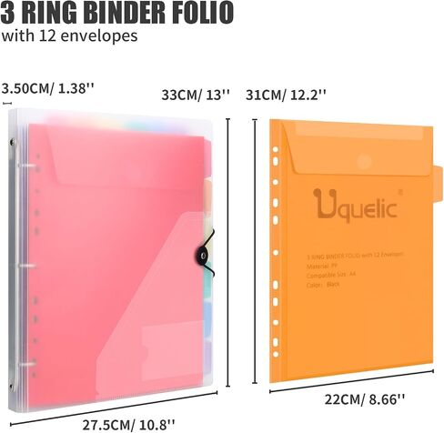 Uquelic 3 Ring Binder with 12 Binder Pocket Folders, Letter Size, Color Binder Pouch for Important Paper Files, Documents, Photos, Letters, Cards (Clear) in Kuwait