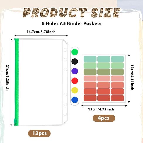 12PCS A5 Binder Inserts Pockets 6-Hole A5 Zippered Binder Envelope Pouches for 6-Ring Budget Cash Envelope Clear Money Organizer with 42 Sticky Binder Labels for 6-Ring Notebook Binder in Saudi Arabia