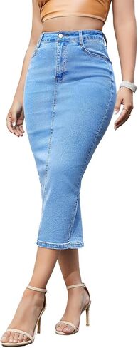 Women's Long Jean Skirts Stretch Denim Midi Skirts with Back Slit Bodycon Mid Waisted Pencil Skirts with Pockets in Saudi Arabia
