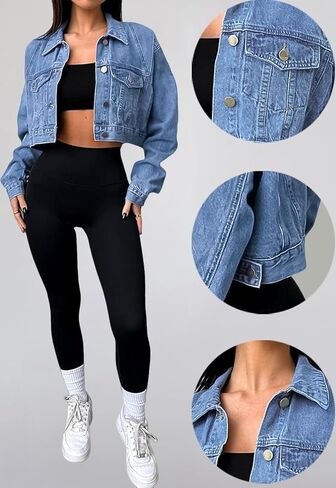 Women's Cropped Denim Washed Distressed Button Down Long Sleeve Jean Jacket Coats in Saudi Arabia
