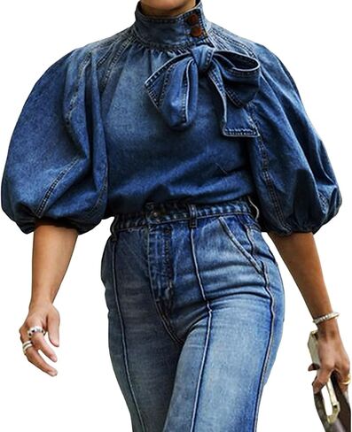 Women's Bow Design Denim Pullover Top Button Up High Neck Fashionable Jacket With Elastic And Puff Sleeves in Saudi Arabia