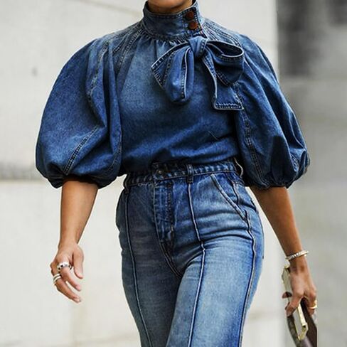 Women's Bow Design Denim Pullover Top Button Up High Neck Fashionable Jacket With Elastic And Puff Sleeves in Saudi Arabia