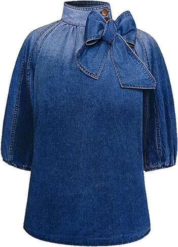 Women's Bow Design Denim Pullover Top Button Up High Neck Fashionable Jacket With Elastic And Puff Sleeves in Saudi Arabia