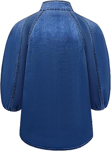 Women's Bow Design Denim Pullover Top Button Up High Neck Fashionable Jacket With Elastic And Puff Sleeves in Saudi Arabia