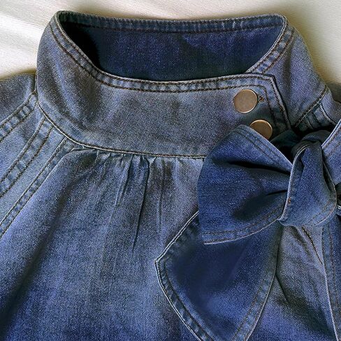 Women's Bow Design Denim Pullover Top Button Up High Neck Fashionable Jacket With Elastic And Puff Sleeves in Saudi Arabia