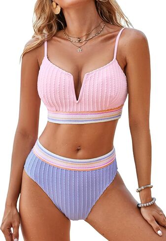 CUPSHE Women's Bikini Sets Two Piece Bathing Suit High Waisted Scoop Neck Adjustable Straps Textured Color Block in Saudi Arabia