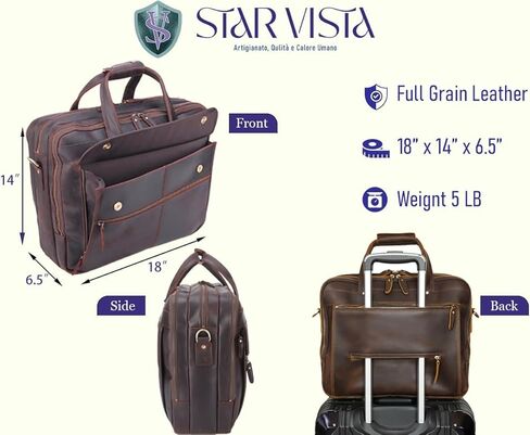 حقيبة سكالا للأعمال مقاس 18 بوصة، حقيبة جلدية محببة بالكامل للرجال، مقصورات ثلاثية، سحابات YKK وأجهزة نحاسية، حقيبة سفر، تناسب كمبيوتر محمول يصل إلى 18 بوصة in Kuwait