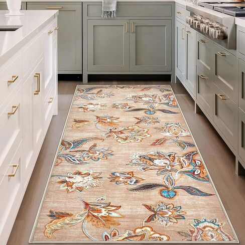 Area Rug 2x6 Runner Rug, Machine Washable Runner Boho Hallway Rugs Non-Slip Soft Low Pile Floral Carpet Runner for Hallways Kitchen Laundry Bedroom Bathroom(Beige,2'x6') in Saudi Arabia