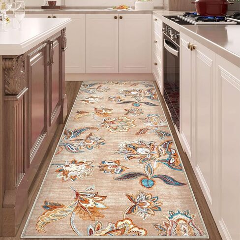 Area Rug 2x6 Runner Rug, Machine Washable Runner Boho Hallway Rugs Non-Slip Soft Low Pile Floral Carpet Runner for Hallways Kitchen Laundry Bedroom Bathroom(Beige,2'x6') in Saudi Arabia