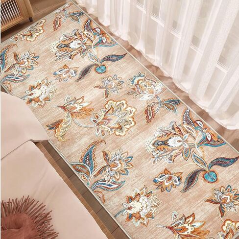 Area Rug 2x6 Runner Rug, Machine Washable Runner Boho Hallway Rugs Non-Slip Soft Low Pile Floral Carpet Runner for Hallways Kitchen Laundry Bedroom Bathroom(Beige,2'x6') in Saudi Arabia