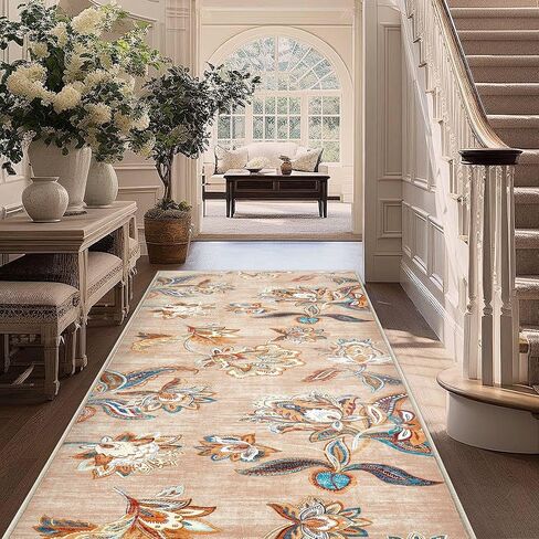 Area Rug 2x6 Runner Rug, Machine Washable Runner Boho Hallway Rugs Non-Slip Soft Low Pile Floral Carpet Runner for Hallways Kitchen Laundry Bedroom Bathroom(Beige,2'x6') in Saudi Arabia