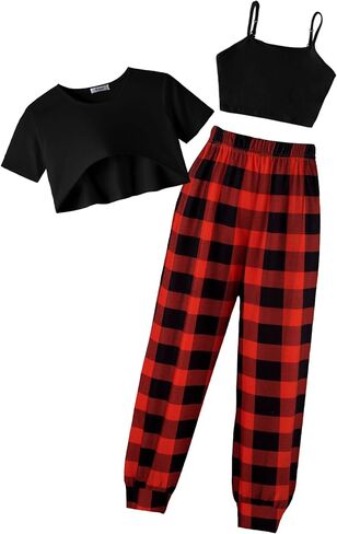 Arshiner Girls 3 Piece Set Short Sleeve High Low Hem Overlay Top & Cami with Sweatpants Kids Outfit 6-13 Years in Saudi Arabia