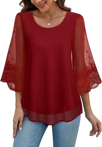 Women's Blouses Bell Sleeve Double Layers Casual Round Neck Embroidered Elegant Chiffon Tunic Top in Saudi Arabia