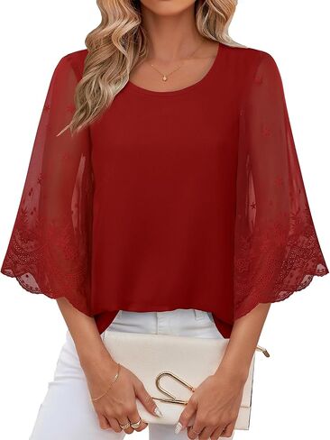 Women's Blouses Bell Sleeve Double Layers Casual Round Neck Embroidered Elegant Chiffon Tunic Top in Saudi Arabia