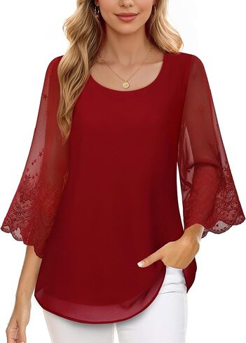 Women's Blouses Bell Sleeve Double Layers Casual Round Neck Embroidered Elegant Chiffon Tunic Top in Saudi Arabia