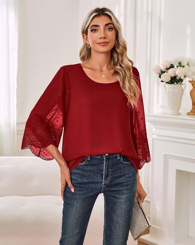 Women's Blouses Bell Sleeve Double Layers Casual Round Neck Embroidered Elegant Chiffon Tunic Top in Saudi Arabia