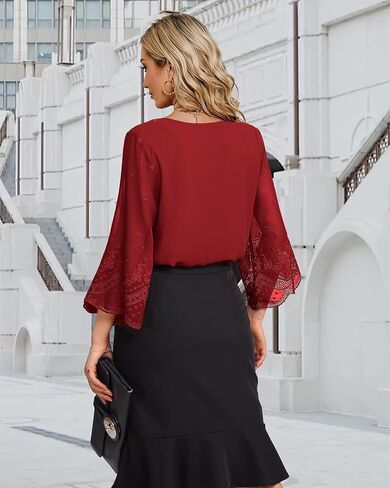 Women's Blouses Bell Sleeve Double Layers Casual Round Neck Embroidered Elegant Chiffon Tunic Top in Saudi Arabia