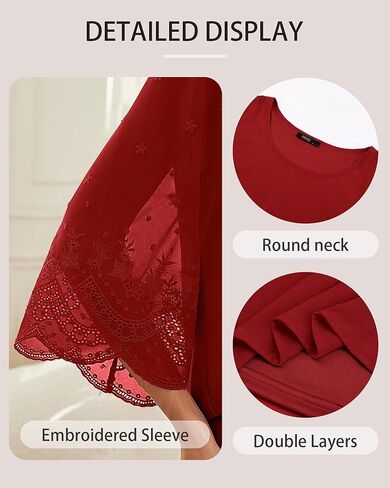 Women's Blouses Bell Sleeve Double Layers Casual Round Neck Embroidered Elegant Chiffon Tunic Top in Saudi Arabia